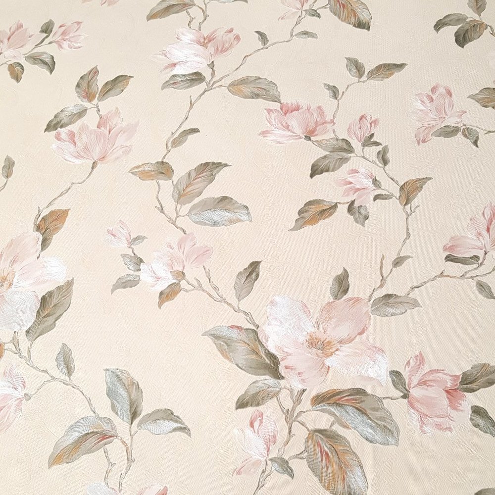 Vintage Vinyl Wallpaper Opalescent Rose w/Green Floral on Off-White *AS IS*